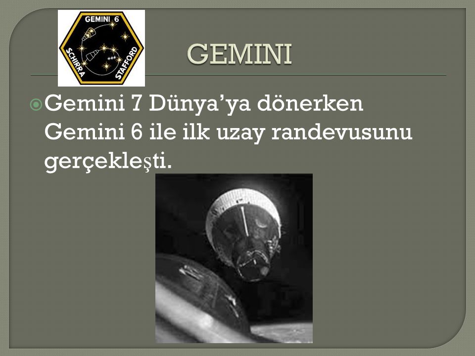 GEMINI Gemini 7 Dünya’ya dönerken Gemini 6 ile ilk uzay randevusunu gerçekleşti.
