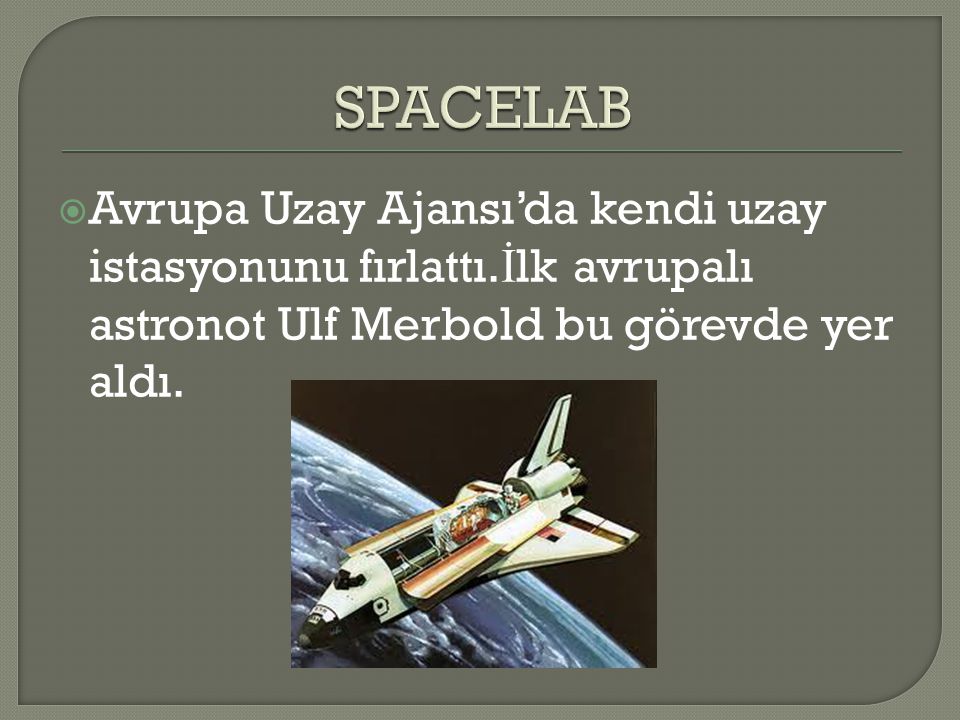 SPACELAB Avrupa Uzay Ajansı’da kendi uzay istasyonunu fırlattı.İlk avrupalı astronot Ulf Merbold bu görevde yer aldı.