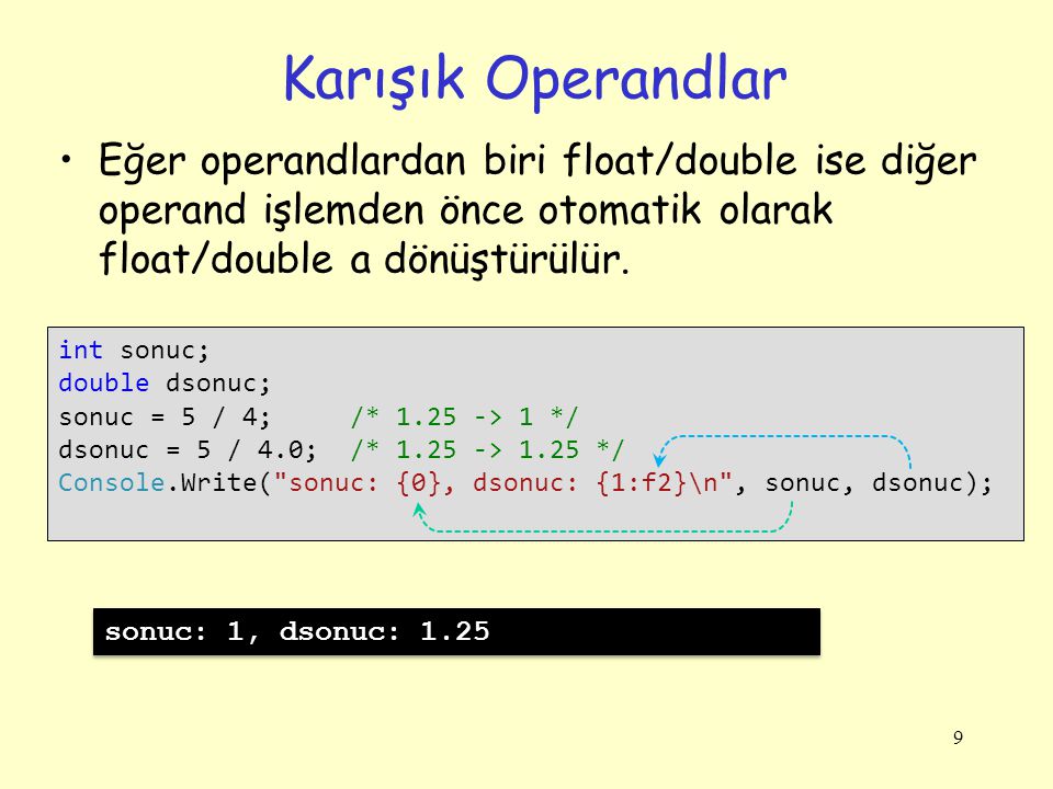 Karışık Operandlar Eğer operandlardan biri float/double ise diğer operand işlemden önce otomatik olarak float/double a dönüştürülür.