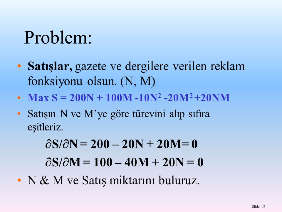 Problem: Satışlar, gazete ve dergilere verilen reklam fonksiyonu olsun. (N, M) Max S = 200N + 100M -10N2 -20M2 +20NM.