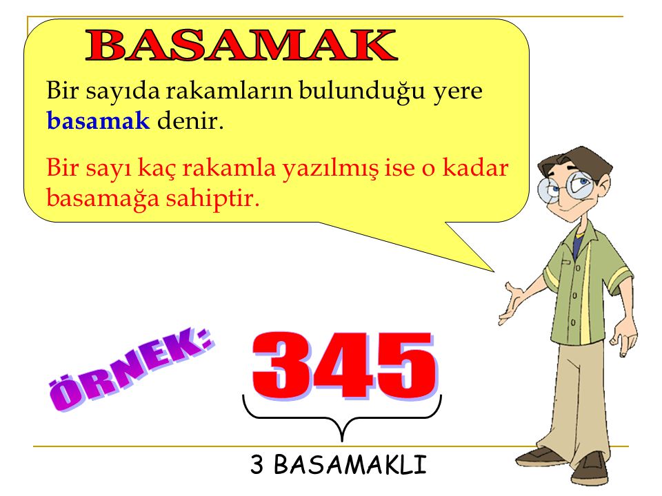 BASAMAK 345 ÖRNEK: Bir sayıda rakamların bulunduğu yere basamak denir.