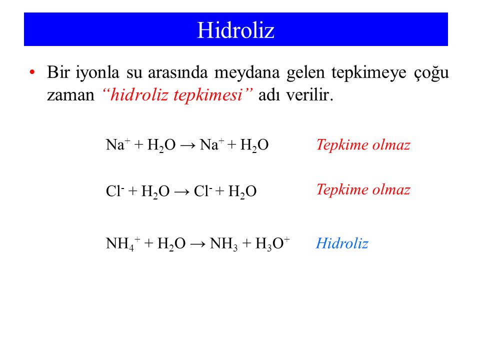 Hidroliz Bir iyonla su arasında meydana gelen tepkimeye çoğu zaman hidroliz tepkimesi adı verilir.
