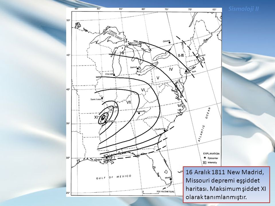 Sismoloji II 16 Aralık 1811 New Madrid, Missouri depremi eşşiddet haritası.