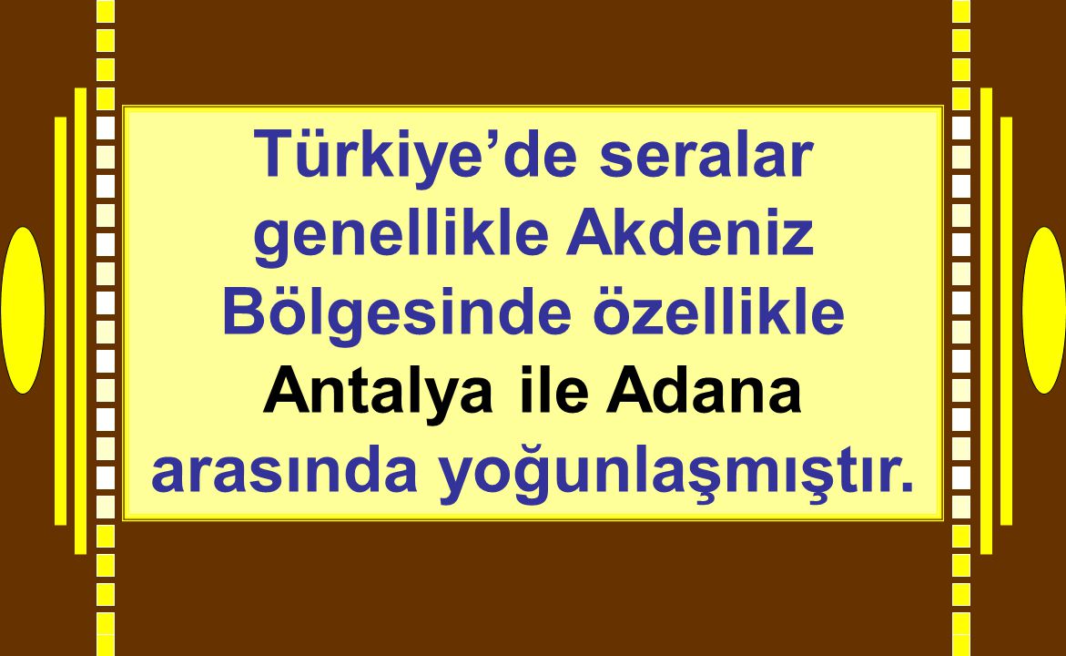 Türkiye’de seralar genellikle Akdeniz Bölgesinde özellikle Antalya ile Adana arasında yoğunlaşmıştır.