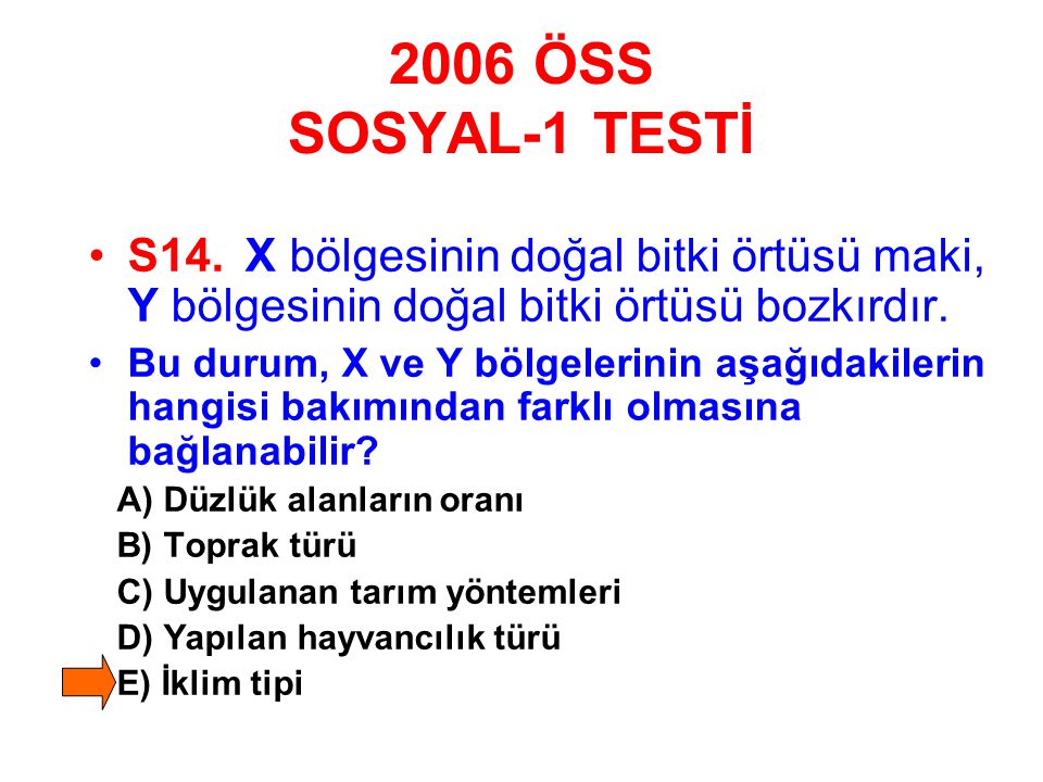 2006 ÖSS SOSYAL-1 TESTİ S14. X bölgesinin doğal bitki örtüsü maki, Y bölgesinin doğal bitki örtüsü bozkırdır.