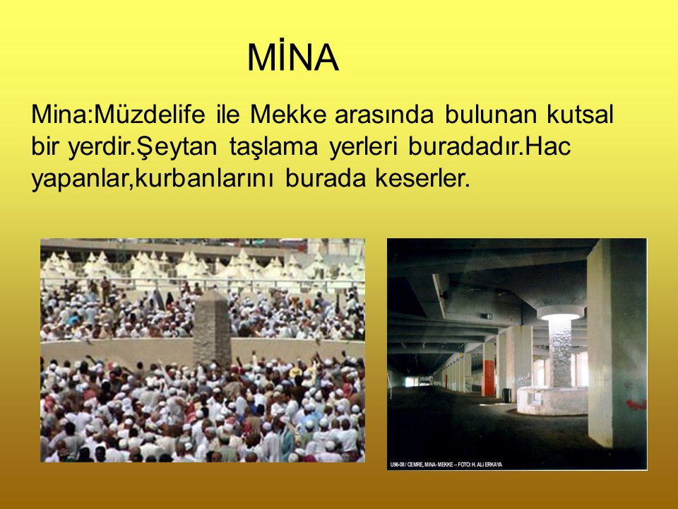 MİNA Mina:Müzdelife ile Mekke arasında bulunan kutsal bir yerdir.Şeytan taşlama yerleri buradadır.Hac yapanlar,kurbanlarını burada keserler.