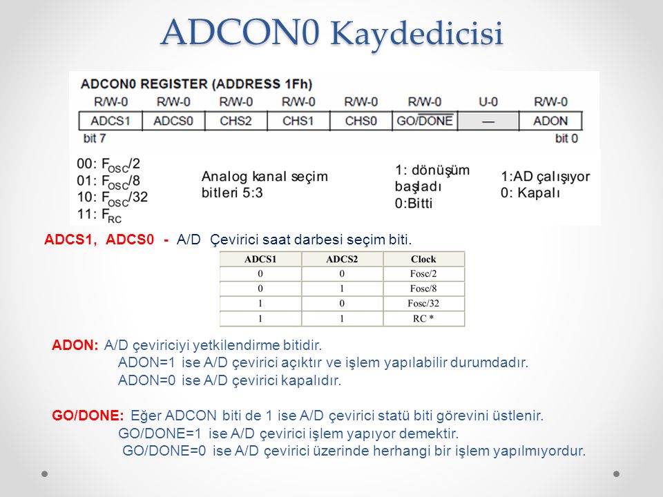 ADCON0 Kaydedicisi ADCS1, ADCS0 - A/D Çevirici saat darbesi seçim biti. ADON: A/D çeviriciyi yetkilendirme bitidir.