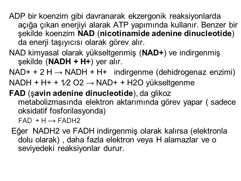 NAD+ + 2 H → NADH + H+ indirgenme (dehidrogenaz enzimi)