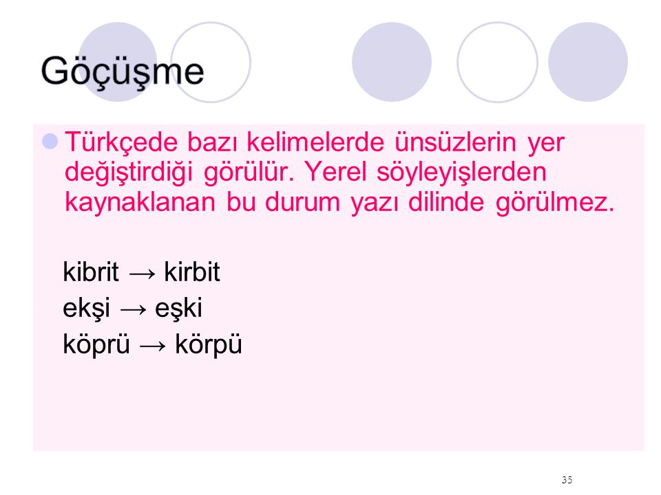 Göçüşme Türkçede bazı kelimelerde ünsüzlerin yer değiştirdiği görülür. Yerel söyleyişlerden kaynaklanan bu durum yazı dilinde görülmez.