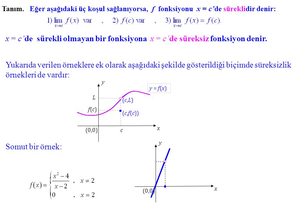 Tanım. Eğer aşağıdaki üç koşul sağlanıyorsa, f fonksiyonu x = c’de süreklidir denir:
