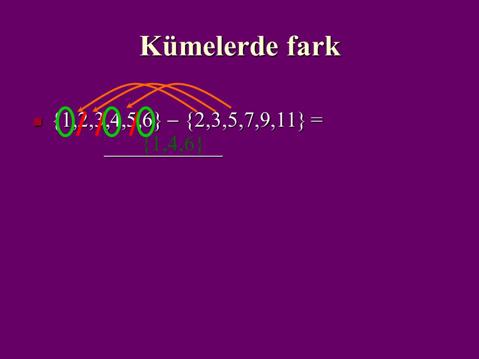 Kümelerde fark {1,2,3,4,5,6}  {2,3,5,7,9,11} = ___________ {1,4,6}