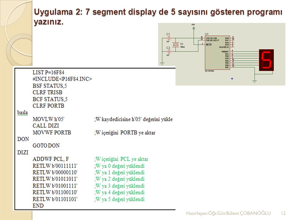 Uygulama 2: 7 segment display de 5 sayısını gösteren programı yazınız.