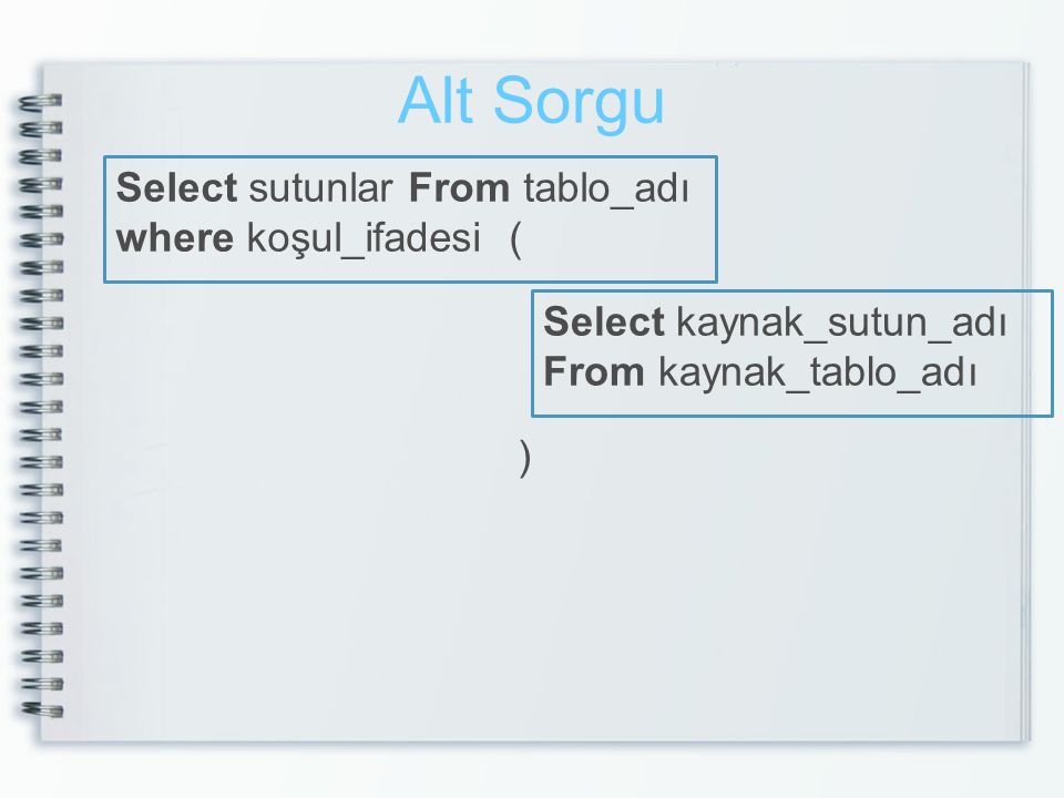 Alt Sorgu Select sutunlar From tablo_adı where koşul_ifadesi (