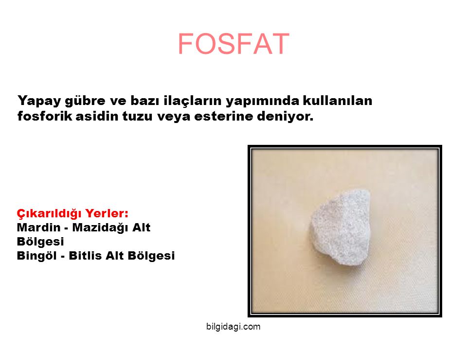 FOSFAT Yapay gübre ve bazı ilaçların yapımında kullanılan fosforik asidin tuzu veya esterine deniyor.
