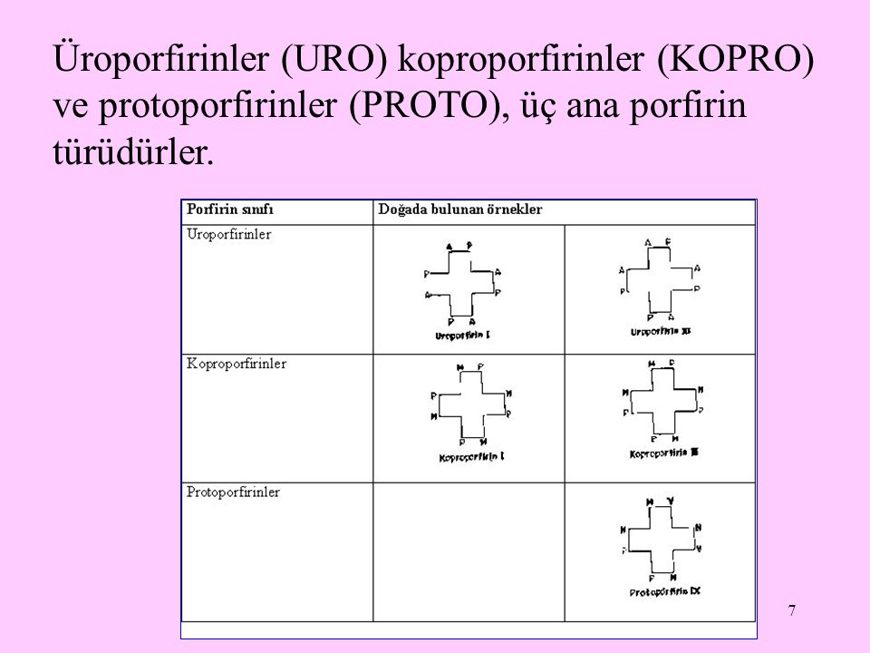 Üroporfirinler (URO) koproporfirinler (KOPRO) ve protoporfirinler (PROTO), üç ana porfirin türüdürler.