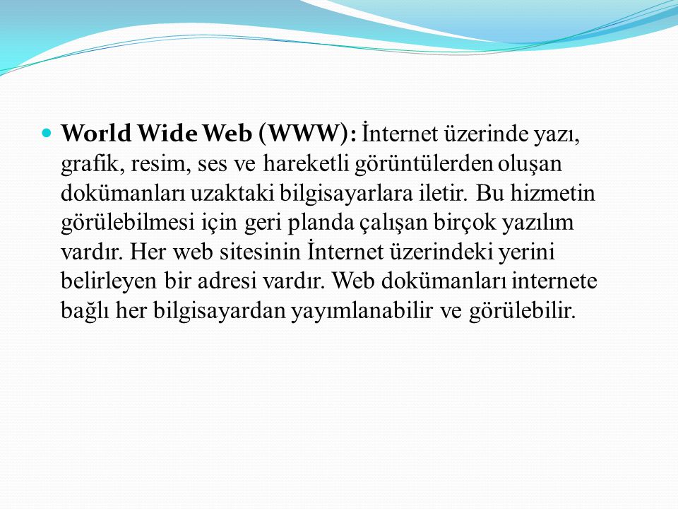 World Wide Web (WWW): İnternet üzerinde yazı, grafik, resim, ses ve hareketli görüntülerden oluşan dokümanları uzaktaki bilgisayarlara iletir.