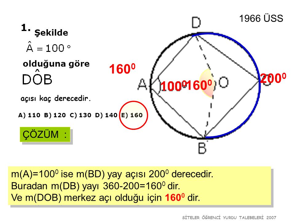 1966 ÜSS 1. Şekilde. olduğuna göre açısı kaç derecedir. A) 110 B) 120 C) 130 D) 140 E) 160.