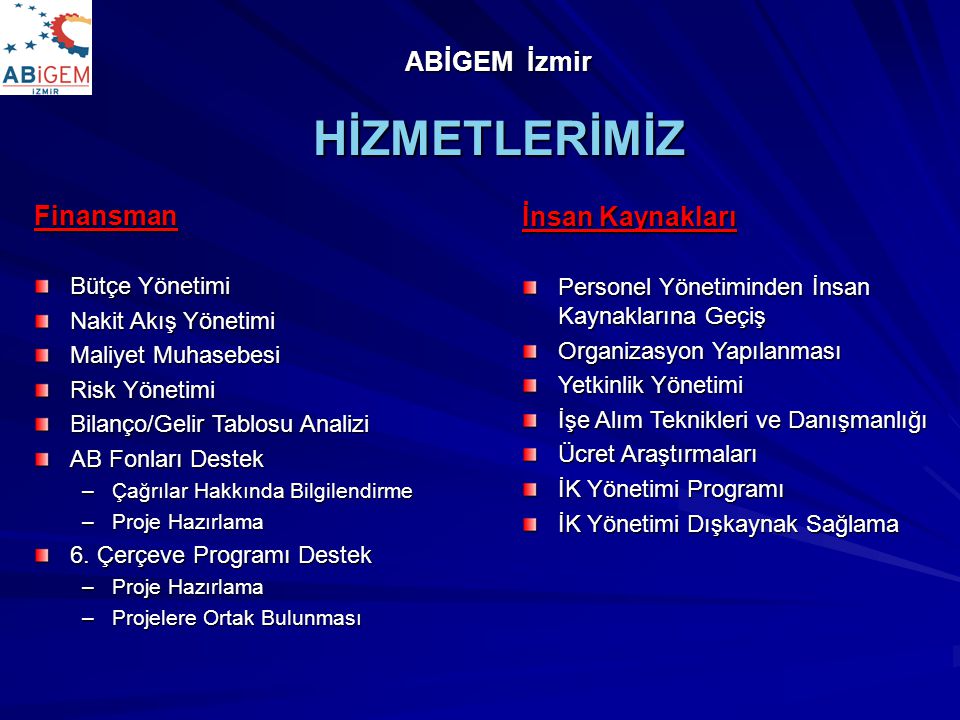 HİZMETLERİMİZ ABİGEM İzmir Finansman İnsan Kaynakları Bütçe Yönetimi