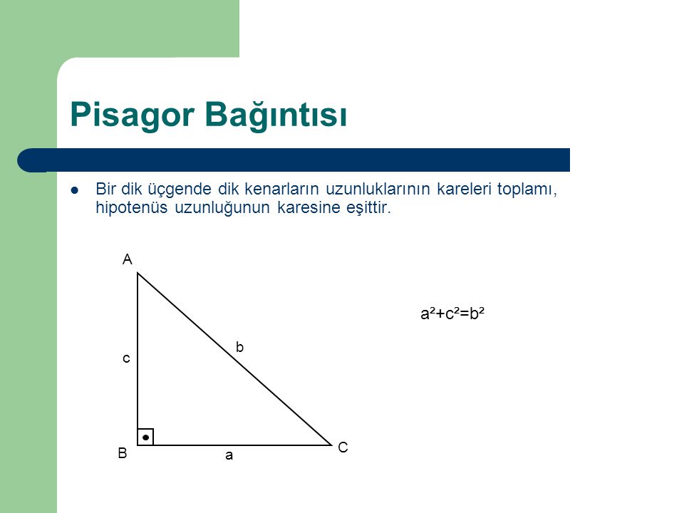 Pisagor Bağıntısı Bir dik üçgende dik kenarların uzunluklarının kareleri toplamı, hipotenüs uzunluğunun karesine eşittir.