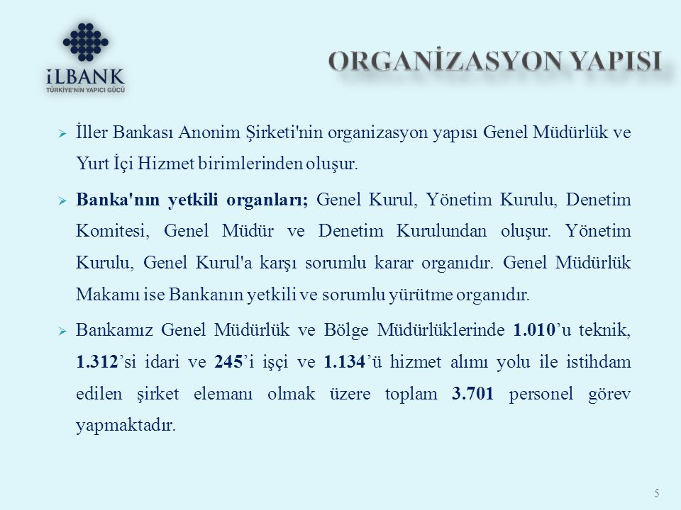 ORGANİZASYON YAPISI İller Bankası Anonim Şirketi nin organizasyon yapısı Genel Müdürlük ve Yurt İçi Hizmet birimlerinden oluşur.