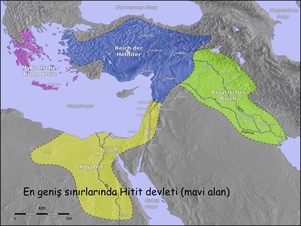 En geniş sınırlarında Hitit devleti (mavi alan)