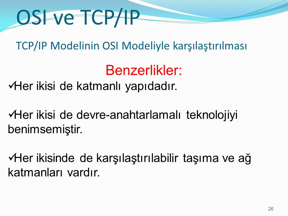 OSI ve TCP/IP TCP/IP Modelinin OSI Modeliyle karşılaştırılması