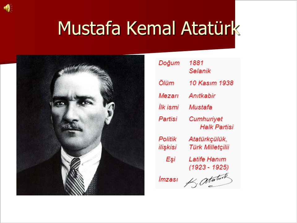 Mustafa Kemal Atatürk Doğum 1881 Selanik Ölüm 10 Kasım 1938 Mezarı