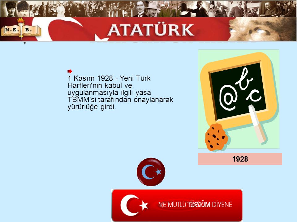 ATATÜRK ÜN HAYATI 1 Kasım Yeni Türk Harfleri nin kabul ve uygulanmasıyla ilgili yasa TBMM si tarafından onaylanarak yürürlüğe girdi.