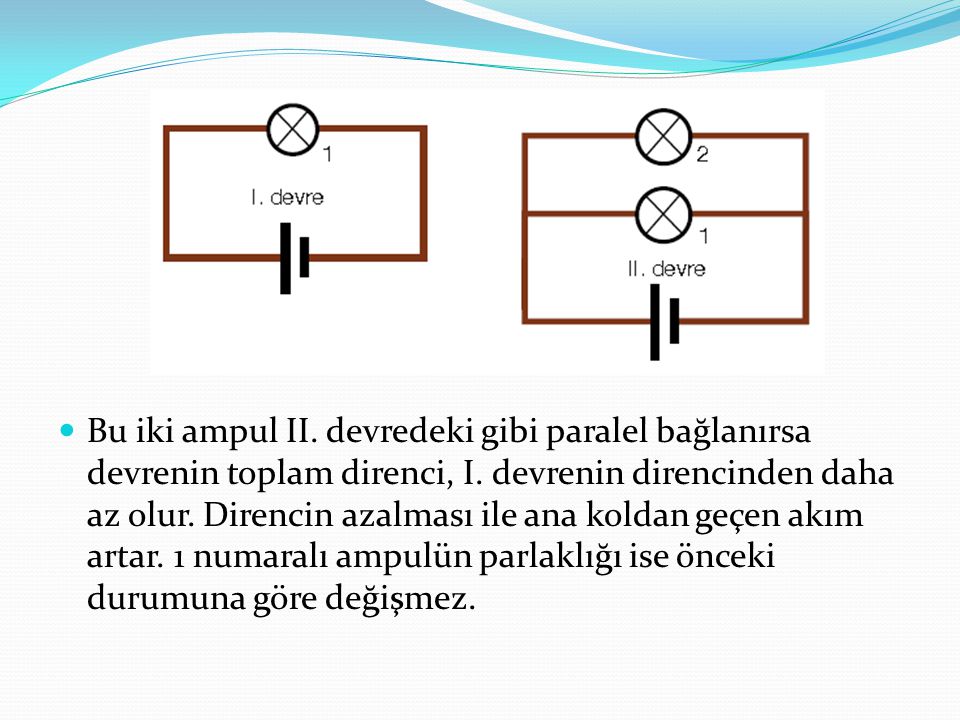 Bu iki ampul II. devredeki gibi paralel bağlanırsa devrenin toplam direnci, I.