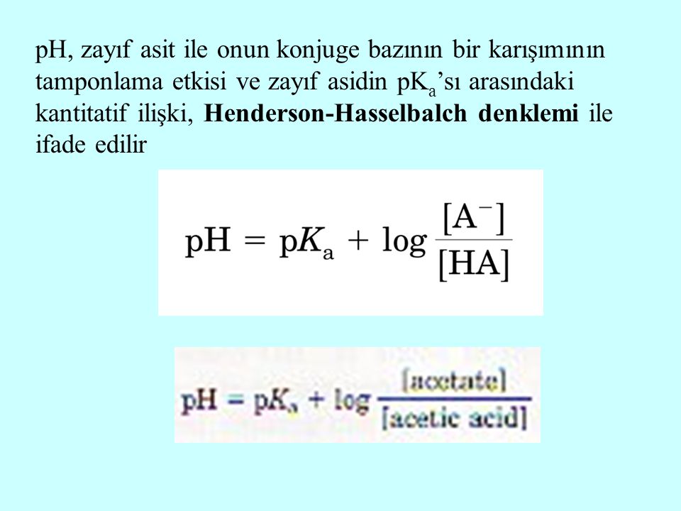 pH, zayıf asit ile onun konjuge bazının bir karışımının tamponlama etkisi ve zayıf asidin pKa’sı arasındaki kantitatif ilişki, Henderson-Hasselbalch denklemi ile ifade edilir