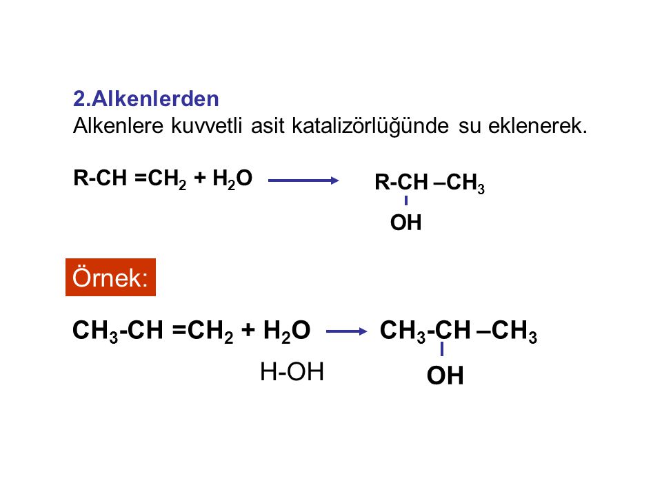 Örnek: CH3-CH –CH3 OH CH3-CH =CH2 + H2O H-OH 2.Alkenlerden