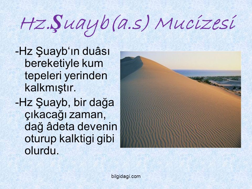 Hz.Şuayb(a.s) Mucizesi -Hz Şuayb‘ın duâsı bereketiyle kum tepeleri yerinden kalkmıştır.