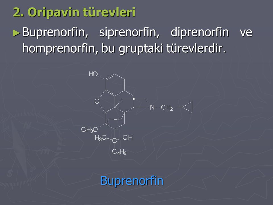 2. Oripavin türevleri Buprenorfin, siprenorfin, diprenorfin ve homprenorfin, bu gruptaki türevlerdir.