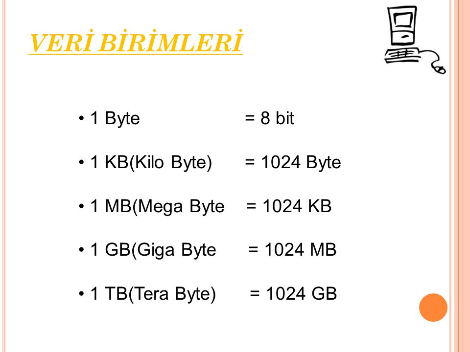VERİ BİRİMLERİ 1 Byte = 8 bit 1 KB(Kilo Byte) = 1024 Byte
