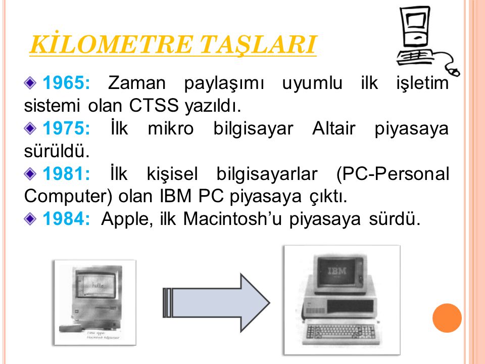 KİLOMETRE TAŞLARI 1965: Zaman paylaşımı uyumlu ilk işletim sistemi olan CTSS yazıldı. 1975: İlk mikro bilgisayar Altair piyasaya sürüldü.