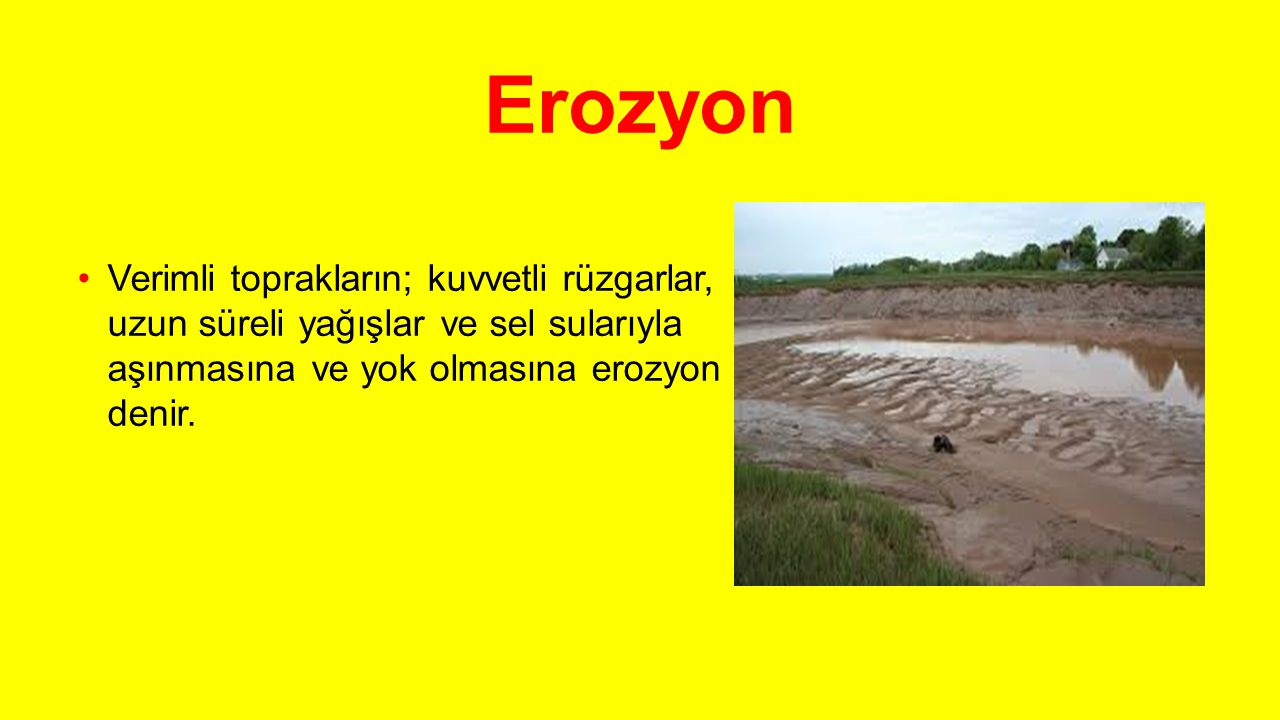 Erozyon Verimli toprakların; kuvvetli rüzgarlar, uzun süreli yağışlar ve sel sularıyla aşınmasına ve yok olmasına erozyon denir.