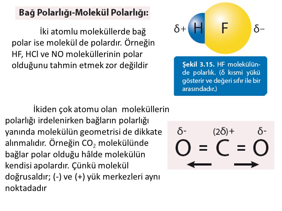 İki atomlu moleküllerde bağ polar ise molekül de polardır. Örneğin
