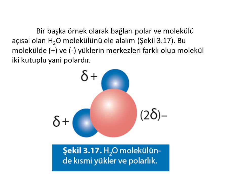 Bir başka örnek olarak bağları polar ve molekülü açısal olan H2O molekülünü ele alalım (Şekil 3.17).
