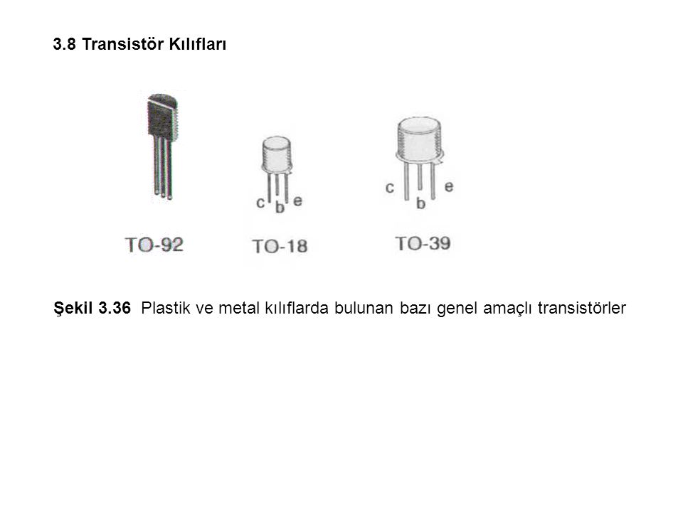 3.8 Transistör Kılıfları Şekil 3.36 Plastik ve metal kılıflarda bulunan bazı genel amaçlı transistörler.