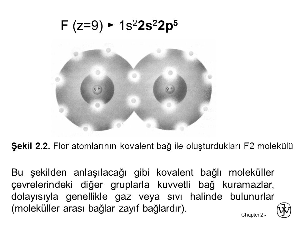 F (z=9) ► 1s22s22p5 Şekil 2.2. Flor atomlarının kovalent bağ ile oluşturdukları F2 molekülü.