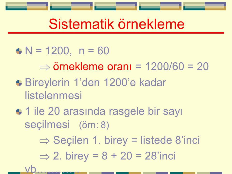 Sistematik örnekleme N = 1200, n = 60  örnekleme oranı = 1200/60 = 20