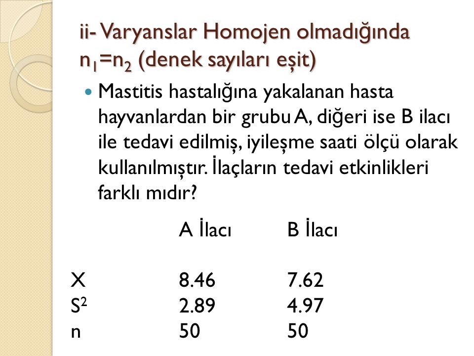 ii- Varyanslar Homojen olmadığında n1=n2 (denek sayıları eşit)
