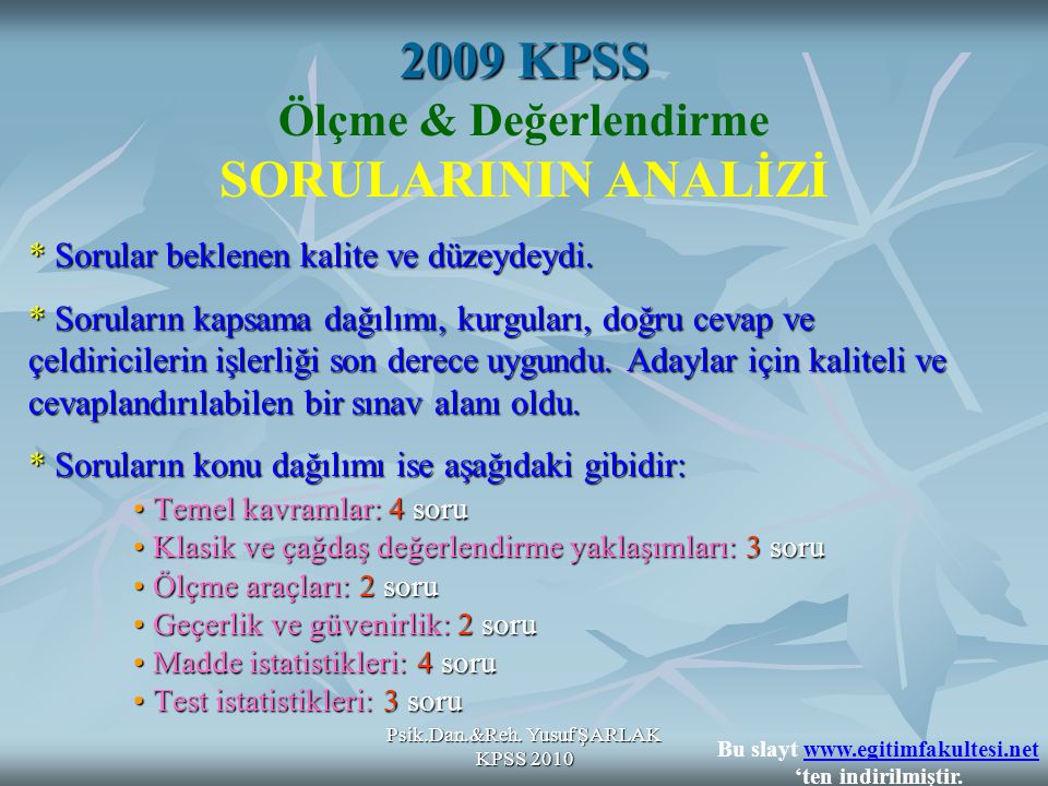 2009 KPSS Ölçme & Değerlendirme SORULARININ ANALİZİ