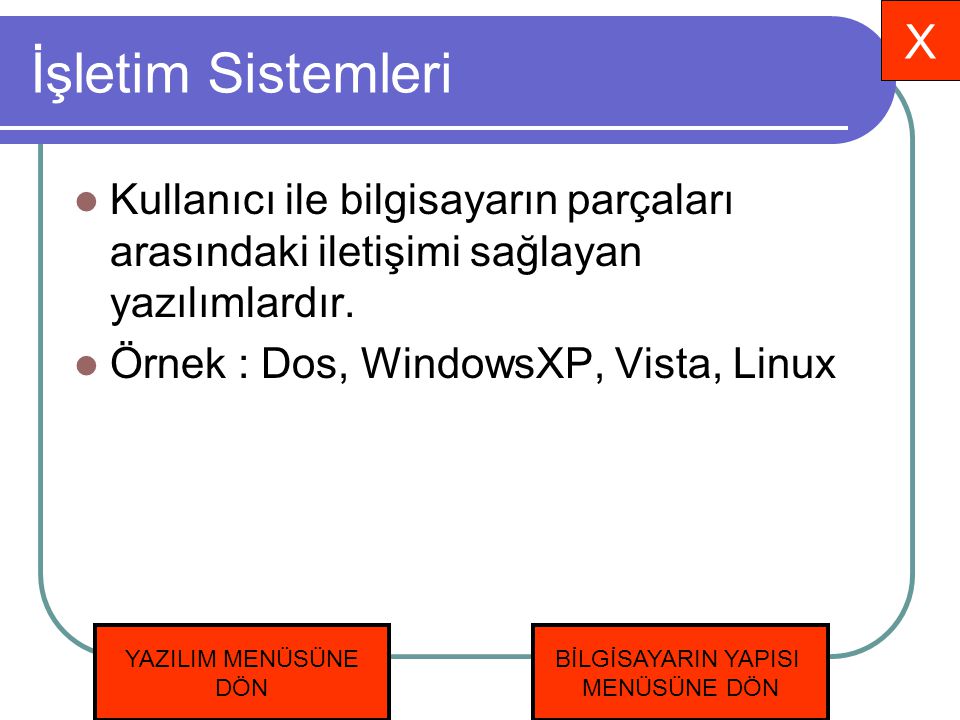 X İşletim Sistemleri. Kullanıcı ile bilgisayarın parçaları arasındaki iletişimi sağlayan yazılımlardır.