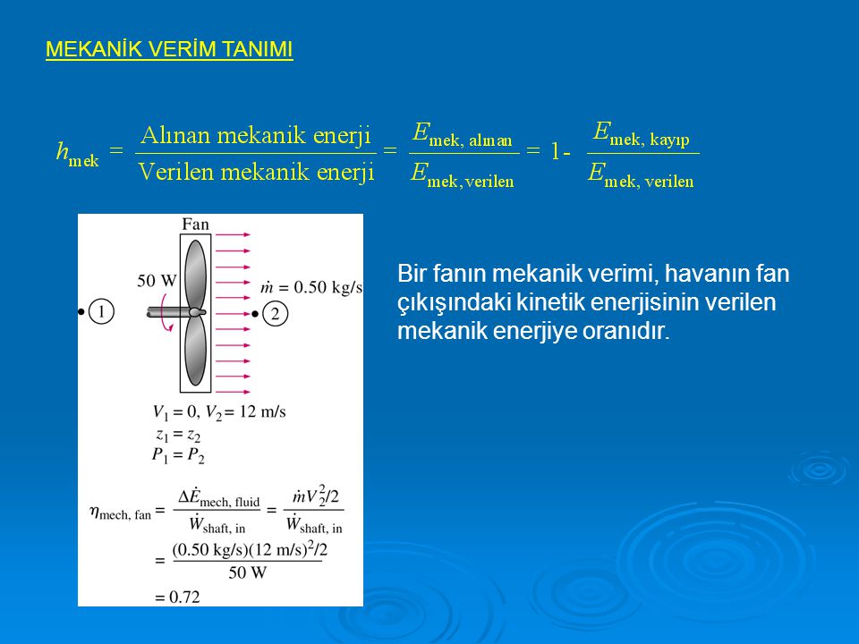 MEKANİK VERİM TANIMI Bir fanın mekanik verimi, havanın fan çıkışındaki kinetik enerjisinin verilen mekanik enerjiye oranıdır.