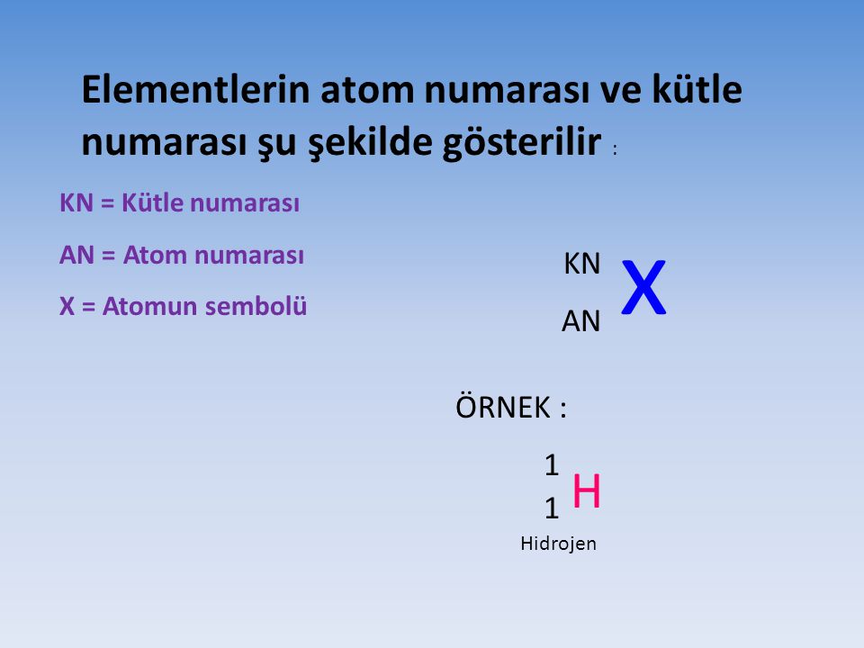 H Elementlerin atom numarası ve kütle numarası şu şekilde gösterilir :