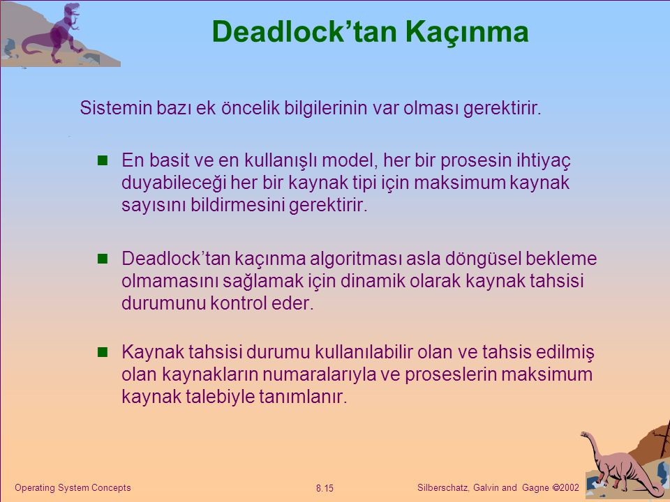 Deadlock’tan Kaçınma Sistemin bazı ek öncelik bilgilerinin var olması gerektirir.