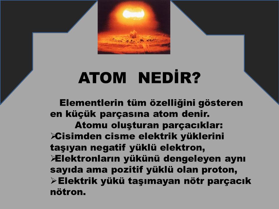 ATOM NEDİR Elementlerin tüm özelliğini gösteren en küçük parçasına atom denir. Atomu oluşturan parçacıklar: