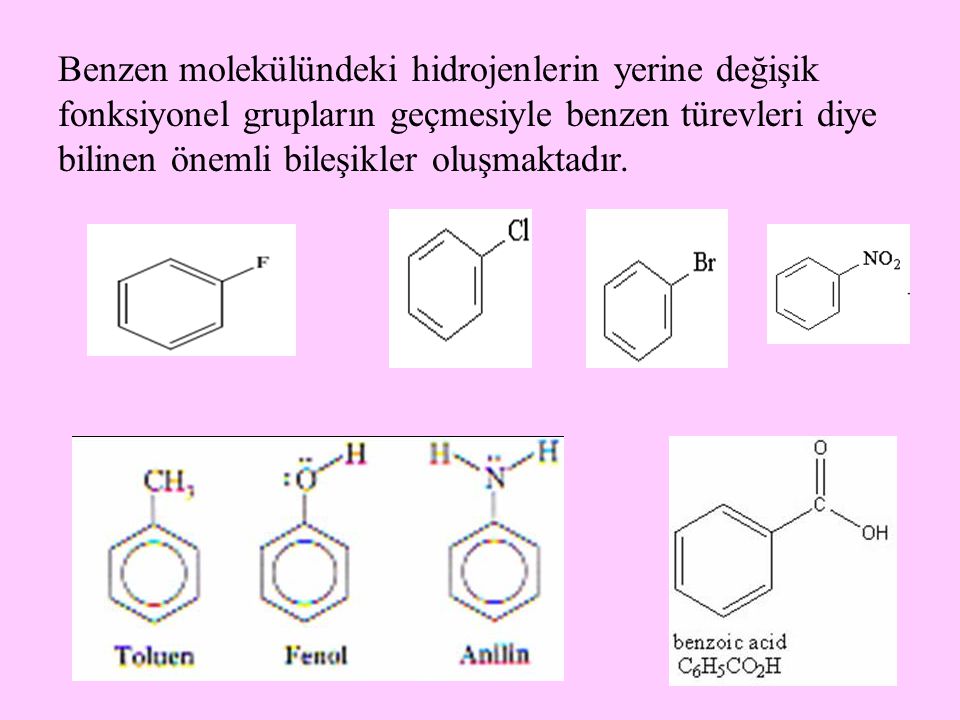 Benzen molekülündeki hidrojenlerin yerine değişik fonksiyonel grupların geçmesiyle benzen türevleri diye bilinen önemli bileşikler oluşmaktadır.