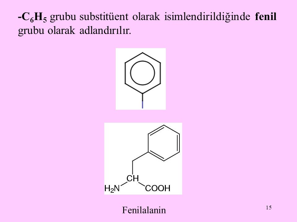 -C6H5 grubu substitüent olarak isimlendirildiğinde fenil grubu olarak adlandırılır.